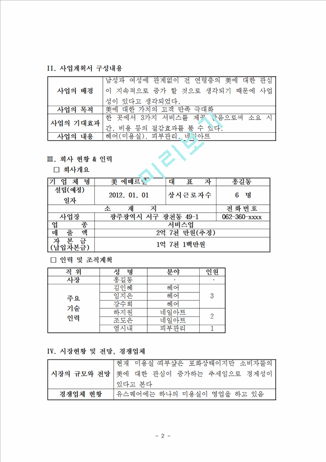 [경영, 경제]사업계획서 - 미용 관련 사업 계획서.hwp